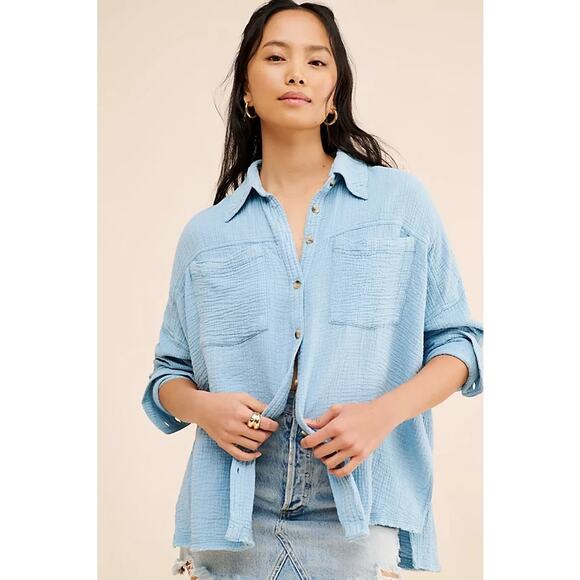 Free People Cardiff Oversized Top Size XL Blue Waffle Knit Boho Long Sleeve - Picture 2 of 13